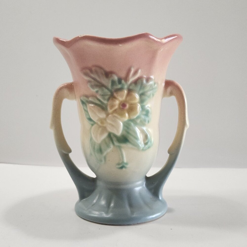 Vintage Hull Pottery Double Handled Flower Vase Pink/ Blue/Yellow W-3-5 1/2